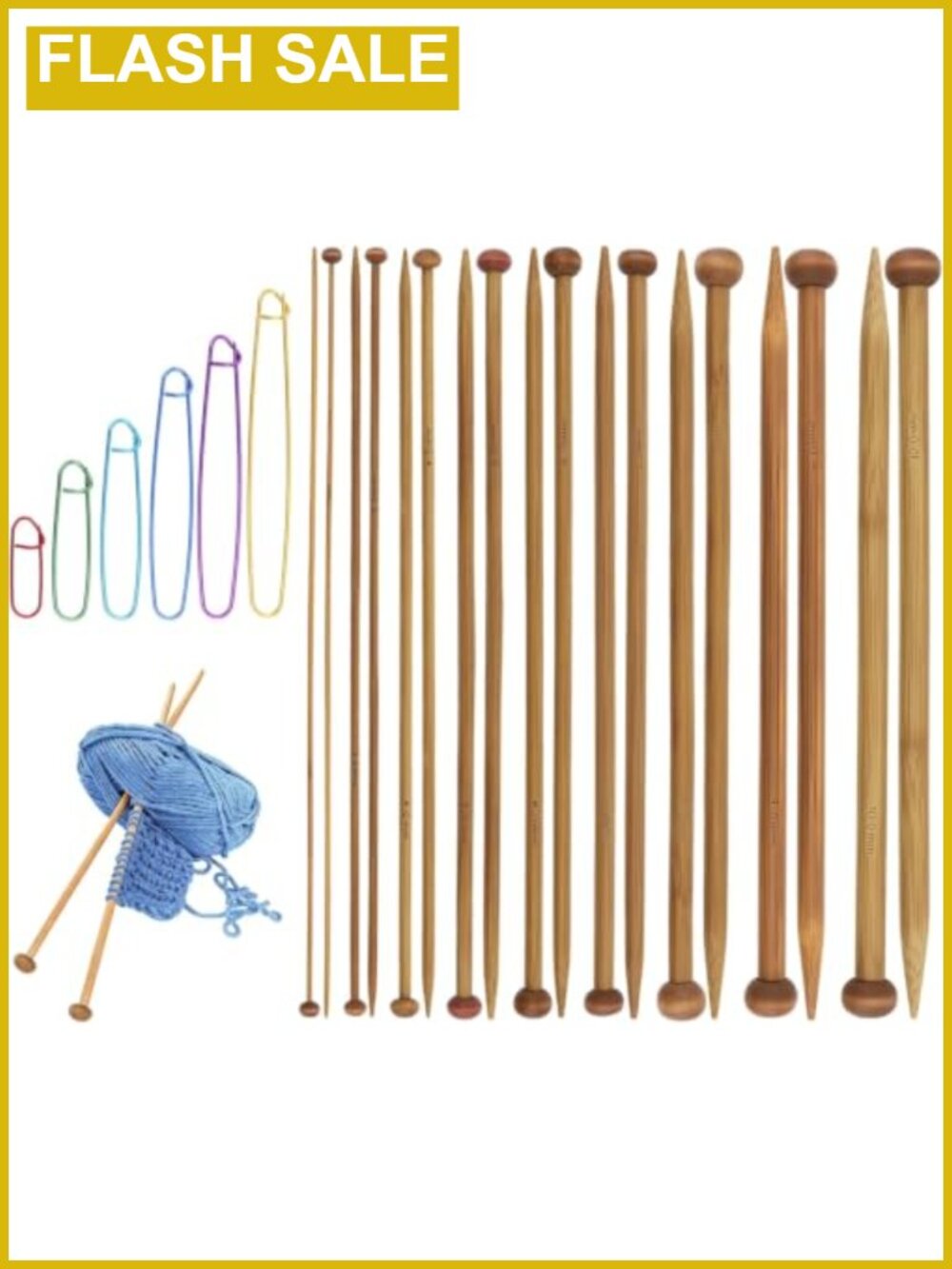 Bamboo Knitting Needles Set 9 Pairs Single Point 2-10mm with Stitch Holders